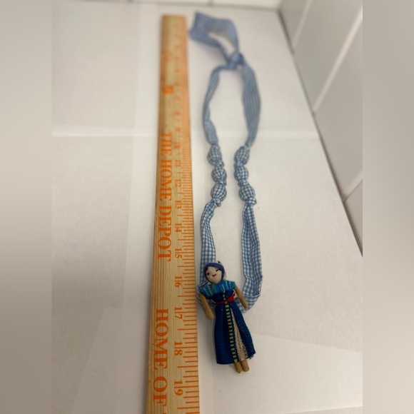 Vintage Folk Art Asian DOLL Fabric Handmade Cloth Necklace Blue Check Tie - Picture 8 of 15